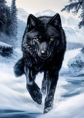 Black Wolf in Winter Landscape