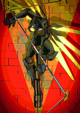 Winged Robot on Red Brick Wall