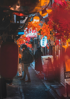 Japanese Alleyway at Night with Lanterns