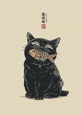 Black Cat with Fish Illustration