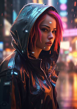 Cyberpunk Girl in Rainy Cityscape
