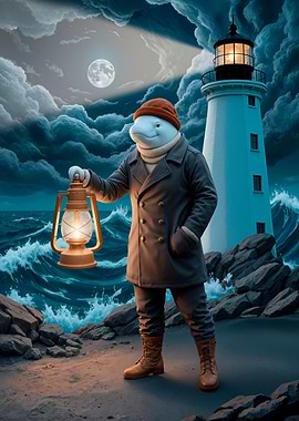Anthropomorphic Beluga Whale by Lighthouse