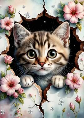 Cute Cat Peeking Through Floral Frame