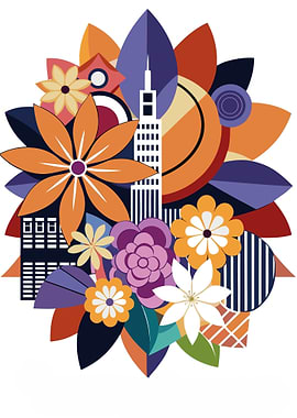 Colorful Abstract Urban Flora Bouquet - Geometric Cityscape and Flowers Metal Wall Print Art