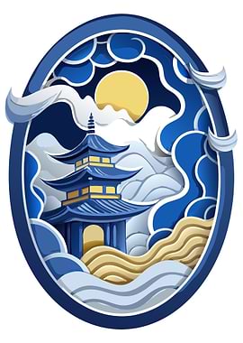 Luxurious 3D Paper Cut Art of Japanese Pagoda under Moonlight Metal Print Wall Art