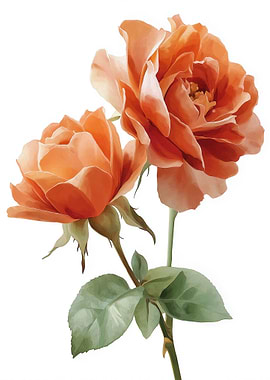 Watercolor Peach Roses on White Background