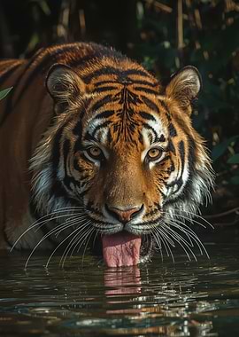 Tiger drinking water close-up portrait