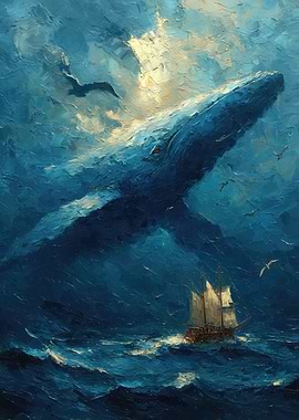Whale and Sailboat Ocean Painting