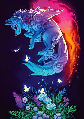 Mystical Wolf with Floral and Fire