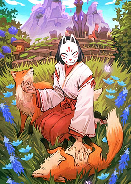 Fox Mask Girl with Foxes
