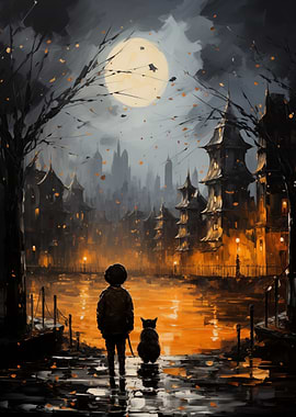 Boy and Cat by the River