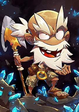 Cartoon Dwarf with Axe and Crystals