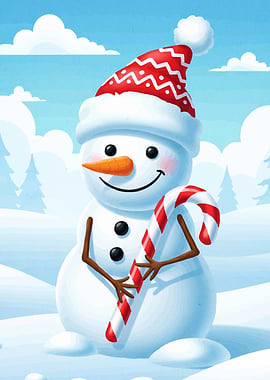 Cartoon Snowman Candy Cane