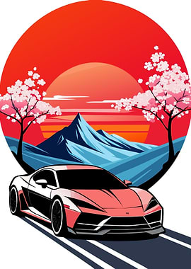 Modern Ukiyo-e Style Sports Car Illustration with Sunset and Cherry Blossoms Metal Print Art