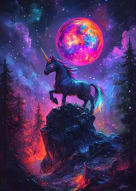 Majestic Unicorn Under a Colorful Moon
