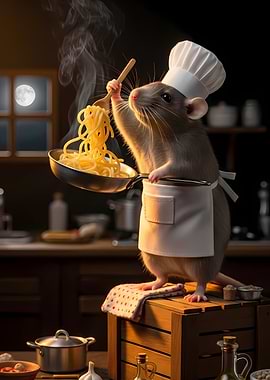 Rat chef cooking spaghetti in kitchen