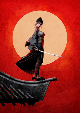 Tattooed Female Samurai with Katana on Roof