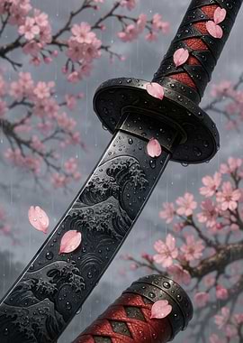 Katana and Cherry Blossoms in Rain