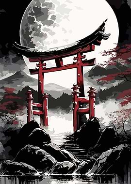 Japanese Torii Gate Under Full Moon