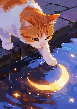 Cat Reaching for Moon Reflection