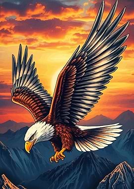 Eagle soaring mountains sunset
