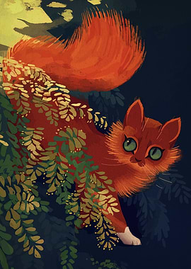 Red Cat in Foliage Digital Art