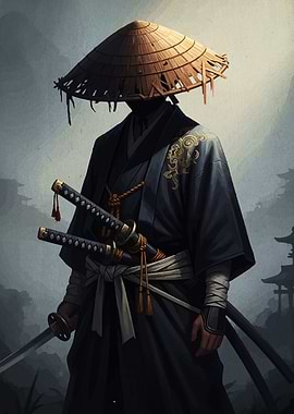 Samurai Warrior with Straw Hat