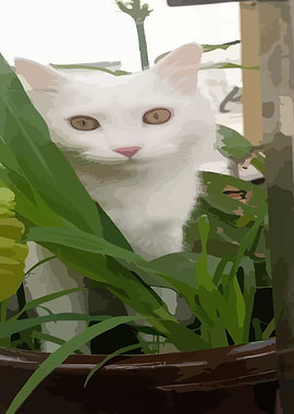Botanical Cat Poster – White Cat with Yellow Eyes in Lush Green Plants
