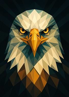 Majestic eagle portrait rendered in geometric shapes with piercing yellow eyes conveying power