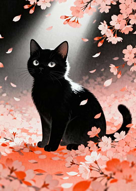 Black cat with cherry blossoms