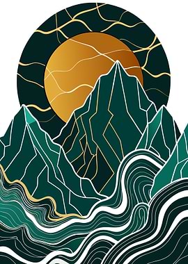 Abstract Mountain Landscape with Golden Sun