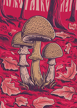Red Mystic Forest Mushrooms – Nature Art Print - Linocut Effect