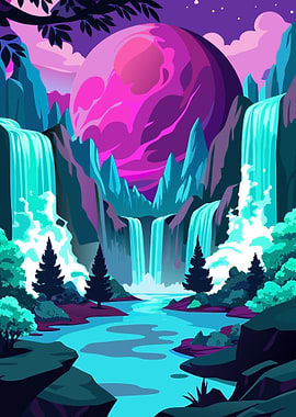 Fantasy Waterfall Landscape with Planet Metal Print Art