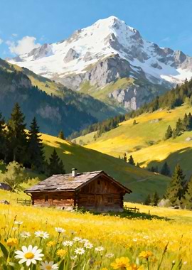 Alpine Cabin in Summer Meadow