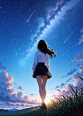 Anime Girl Gazing at Starry Sky