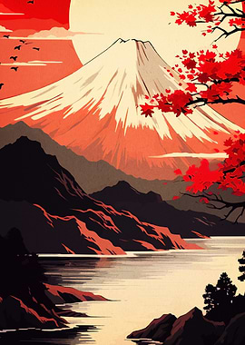 Mount Fuji Landscape with Red Foliage