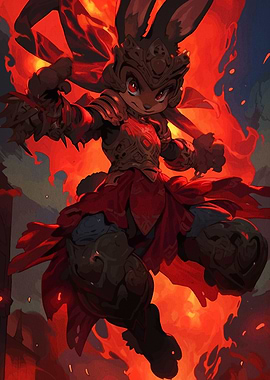 Anthropomorphic Rabbit Warrior in Fiery Setting