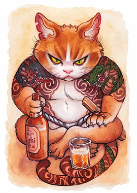 Tattooed Cat Yakuza with Beer