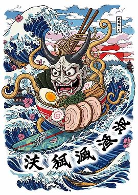 Ramen Bowl Surfing with Oni Mask
