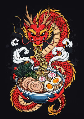 Dragon eating ramen illustration