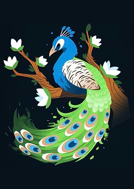 Stylized Peacock on Branch with Flowers