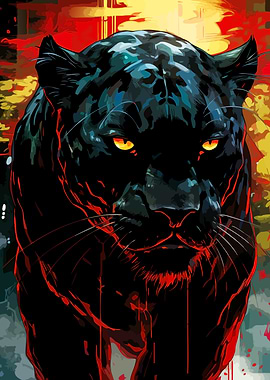 Black Panther Illustration with Fiery Background
