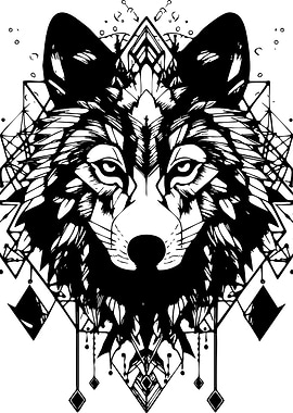 Geometric Wolf Head Black and White