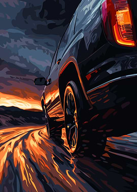 Black SUV on Road at Sunset