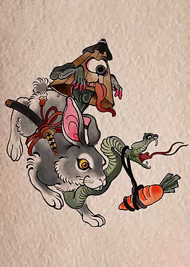 Rabbit, Snake, and Yokai Illustration