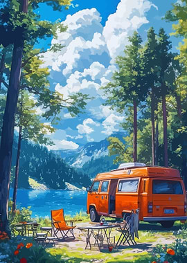 Orange Van Camping by Lake