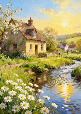 Idyllic Countryside Cottage Painting