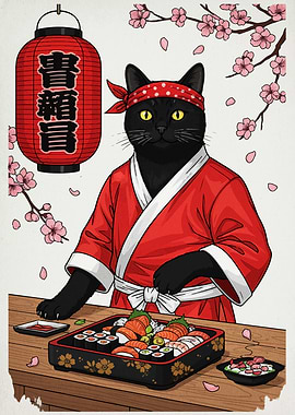 Sushi Cat Chef with Japanese Lantern
