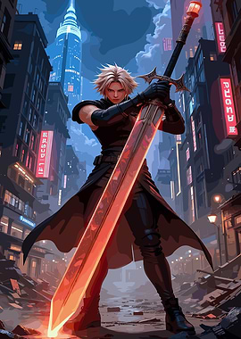 Warrior with Sword in Cityscape