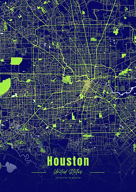 Houston City Map - Neon Green